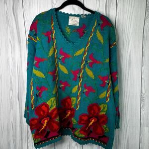 Vintage 1990s Handknitted Int Express Women’s Floral Knit Sweater Funky Medium